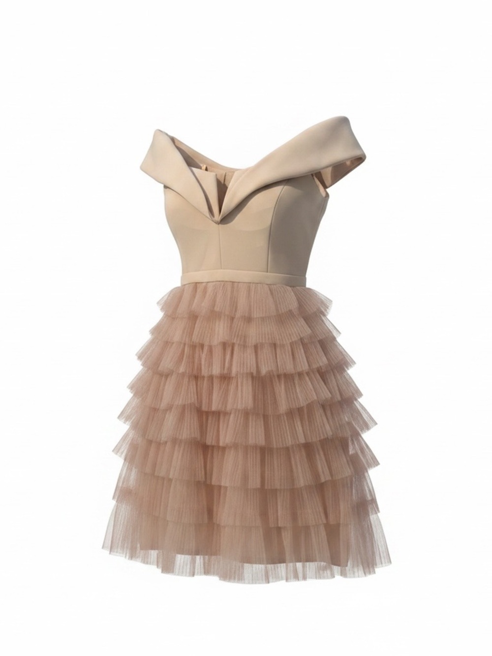 Off-Shoulder Ruffled Tulle Cocktail Dress in Blush